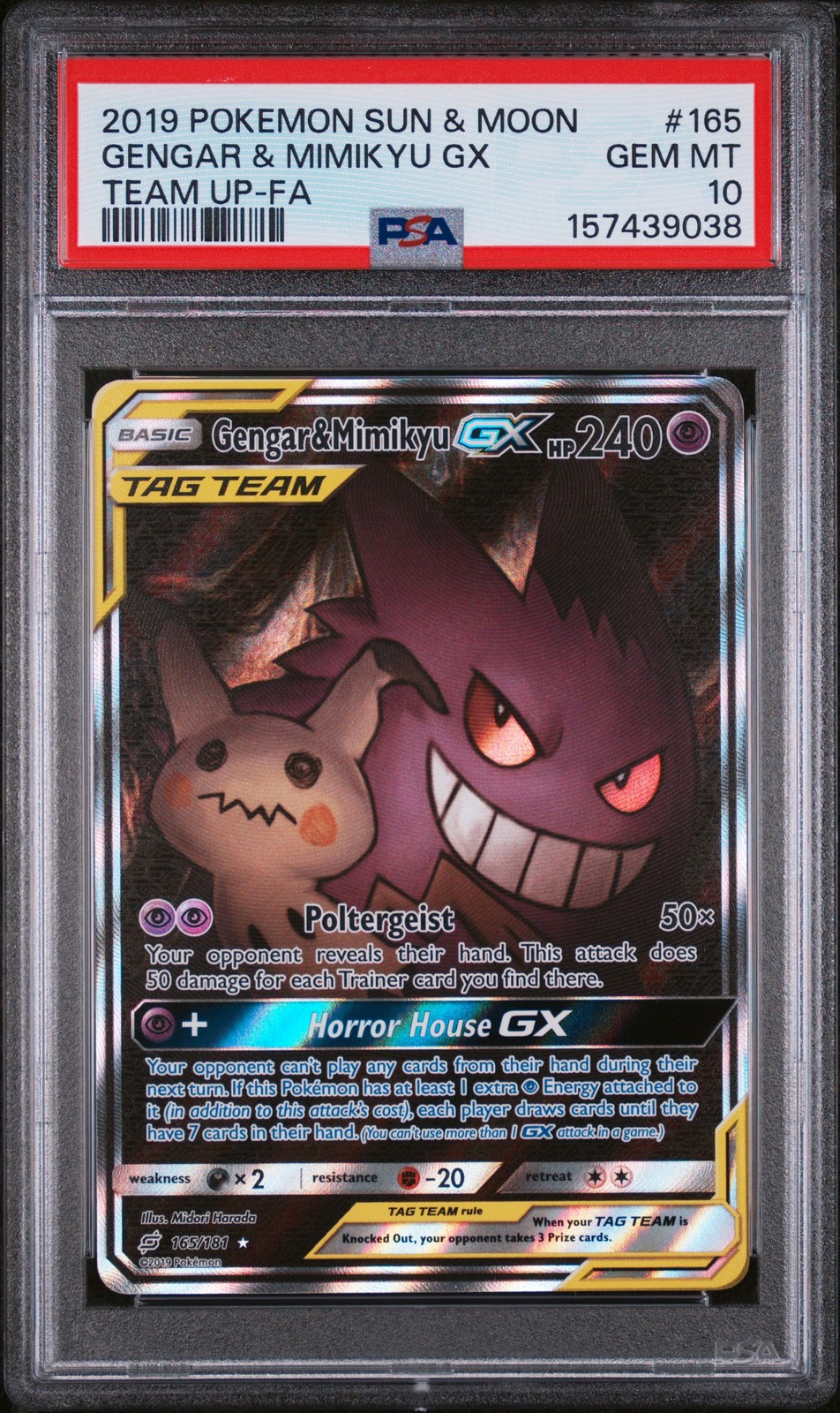 2019 POKEMON SUN & MOON TEAM UP #165 FULL ART/GENGAR & MIMIKYU GX PSA 10