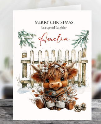 Süße Baby Highland Cow personalisierte glänzende Weihnachtsgrußkarte