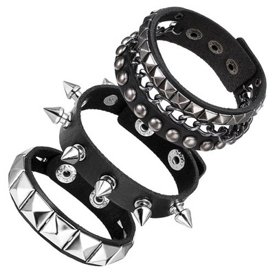 Giantree Punk Rock Leather Bracelets, 3 Pcs 8.5 inches, black 