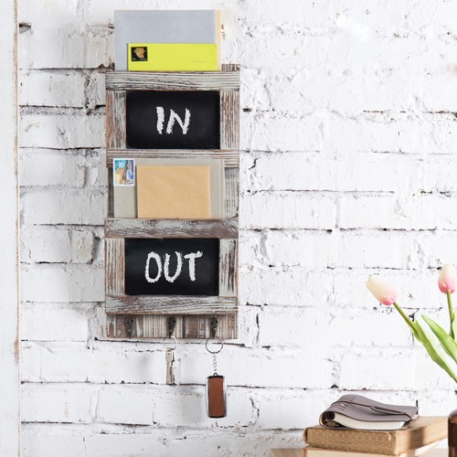 Rustic Wood Wall-Mounted Mail Sorter Organizer with Chalkboard & Key Hook Rack - Picture 3 of 6