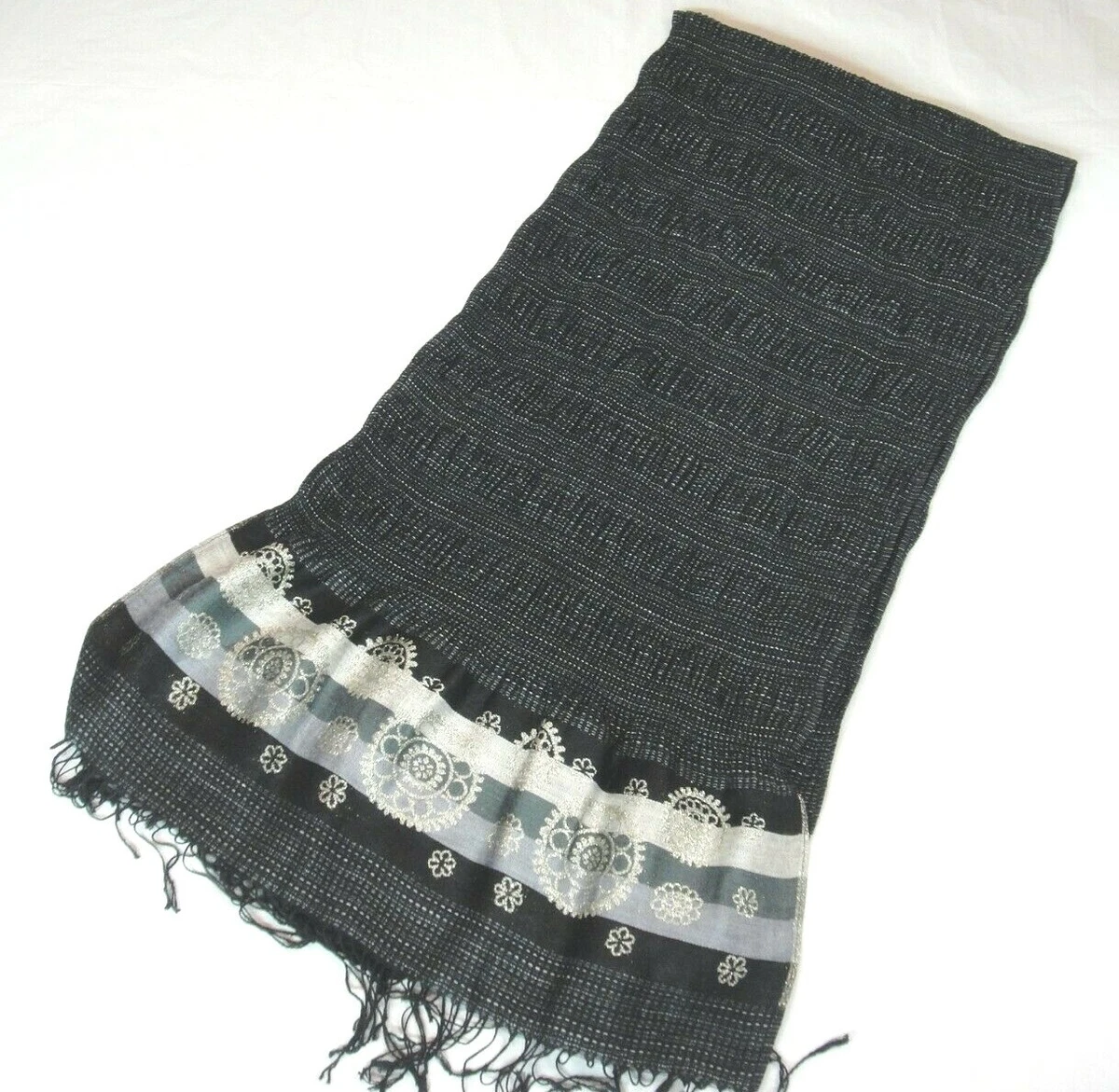ViVi Designs Black and Gold Scarf 74u0026#034; Long 16-27u0026#034; Wide Stripes  Flowers NWT | eBay