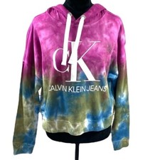 Calvin Klein sz M Purple Blue tie dye CK long sleeve cropped hoodie sweatshirt