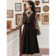 Women Winter Midi Dress French Vintage Fake Two Pieces Patchwork Tunic Pleated