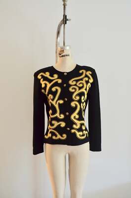 1980S Fashion Wool Black Cardigan Dg Inspired Gold Metallic Arabesque Cropped Ja