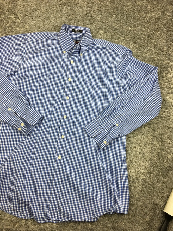 Camisa con botones Kirkland Signature para hombre talla pequeña larga azul blanca sin planchar Foto 2 de 4