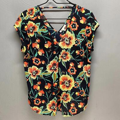 DR2 Black Floral Pattern Sleeveless V Neck Blouse Size Medium Women s