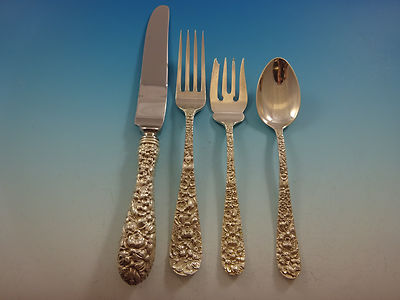 Rose by Stieff Repousse Sterling Silver Flatware Set Service 52