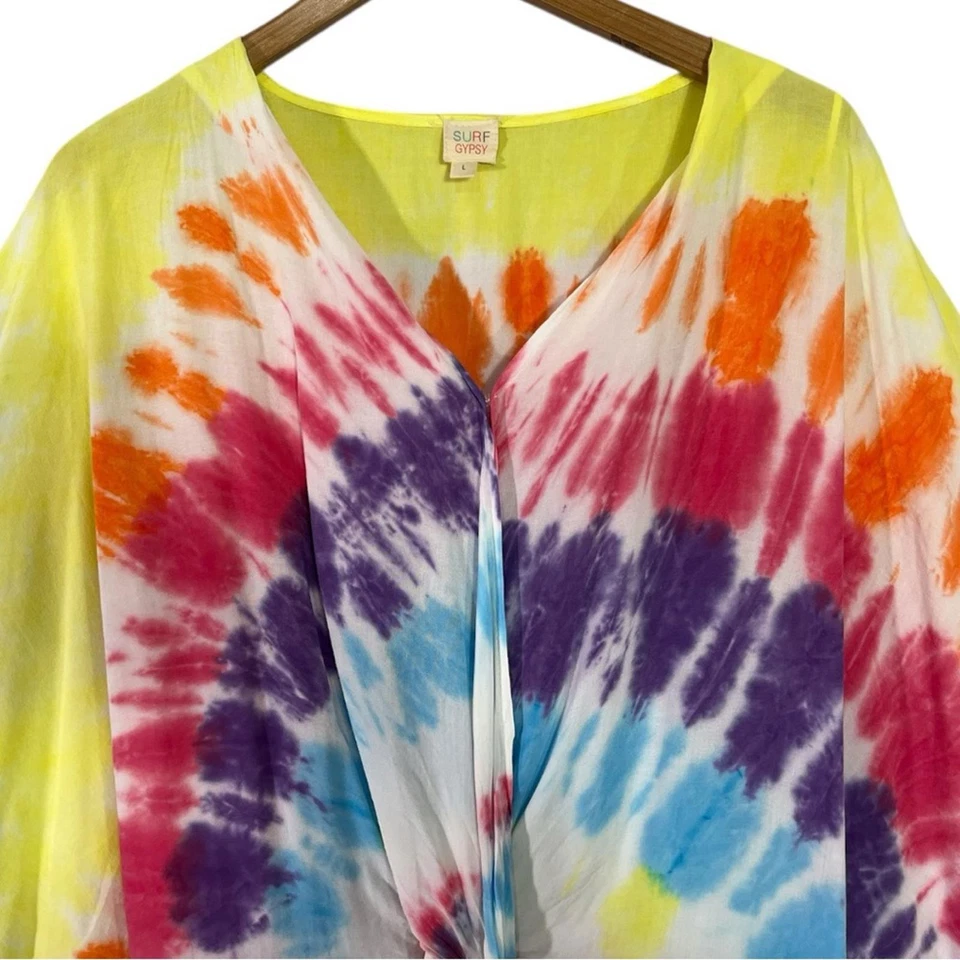 Vestido de Playa Surf Gitano Arco Iris Tie Dye Encubrimiento Nudo Torcido Caftán Maxi Midi Grande Foto 3 de 4