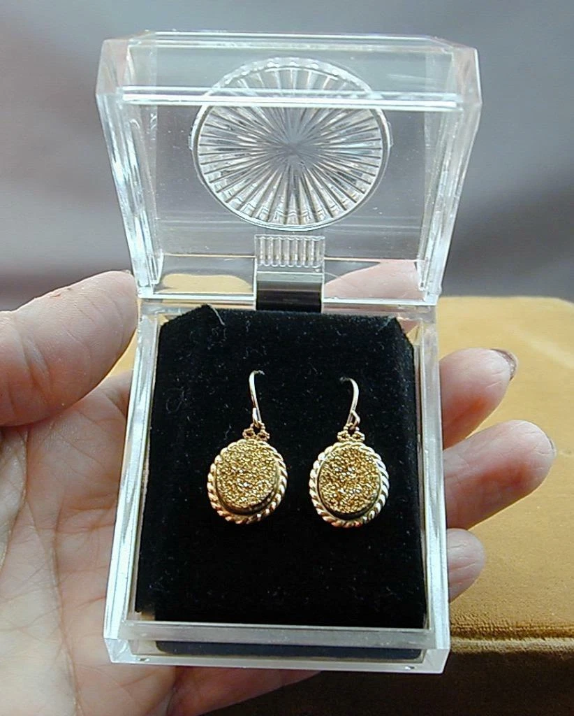 JCM Jacmel Mauritius 14k Gold Druzy Quartz Dangle Earrings NWOT