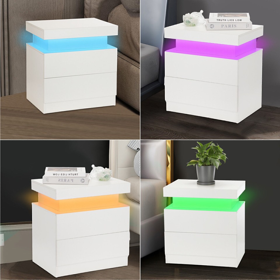 Modern Wooden Finish with Drawers Lift Bedside Table Nightstand RGB LED