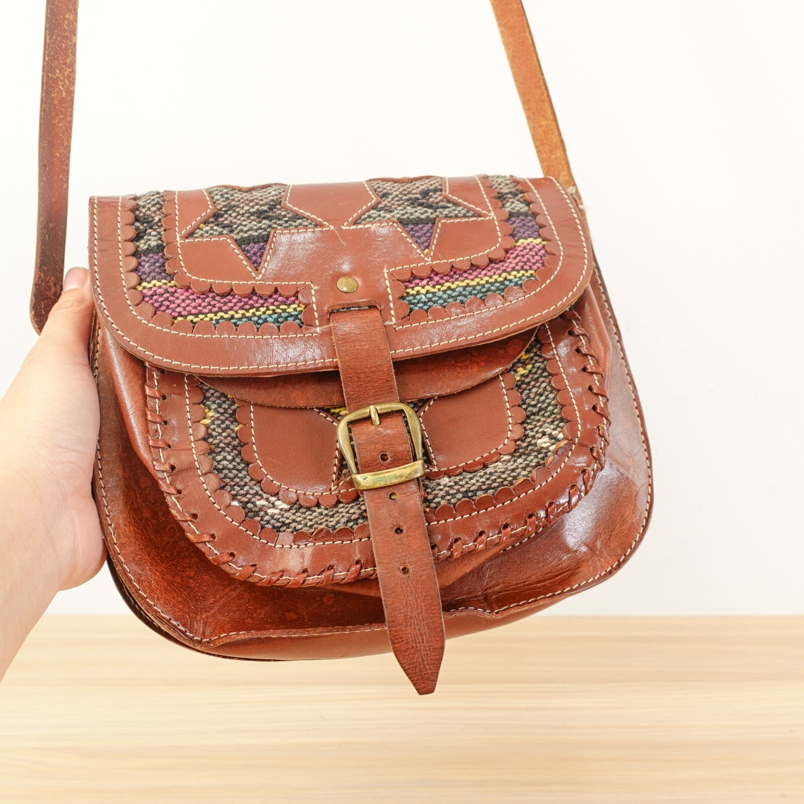 Saddle Leather Patchwork Western Bag Small Brown … - image 1