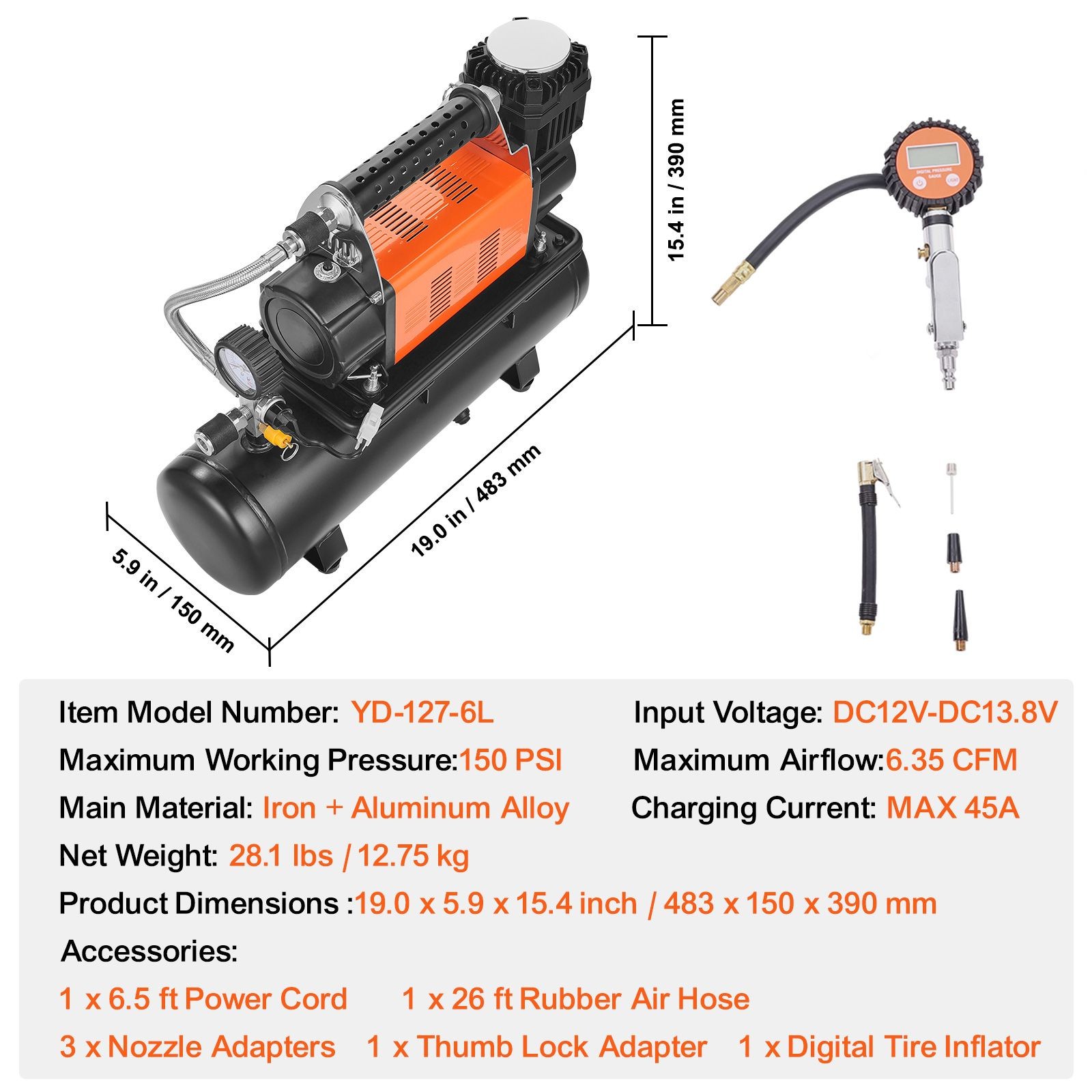 12V Heavy Duty Air Compressor with 6L Tank Kit, 6.35 CFM Portable Tire Inflator,
