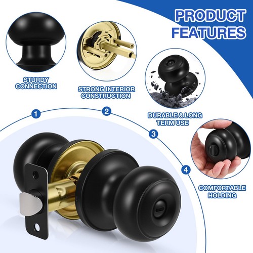 6 Pack Matte Black Door Knobs - Privacy Lockset for Bedrooms & Bathrooms, Keyles - Picture 3 of 8