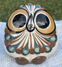 Vntg Mexican Folk Art Tonala Owl Pottery  Hand Painted Signed 3.5” Green Brown