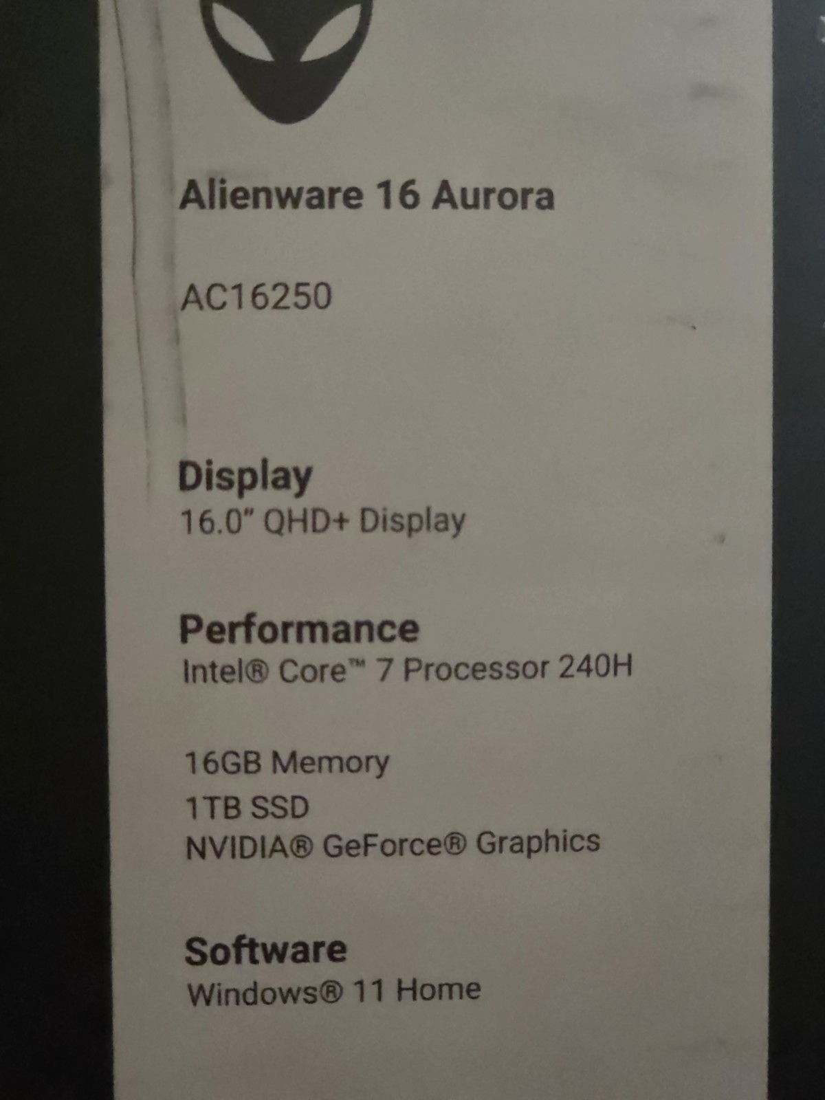 Alienware 16 Aurora 16in Core 7 240H 16GB 1TB SSD GeForce Win 11 KB