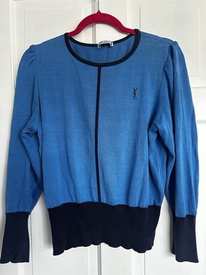 YSL blau Strick Top 90er Logo Pullover Puff Schulter cropped gerippt Designer M