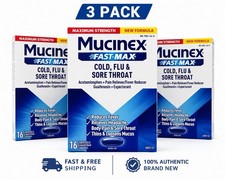 3x Mucinex Fast Max Cold Flu Sore Throat Reduce Fever 16 Liquid Gels Capsules