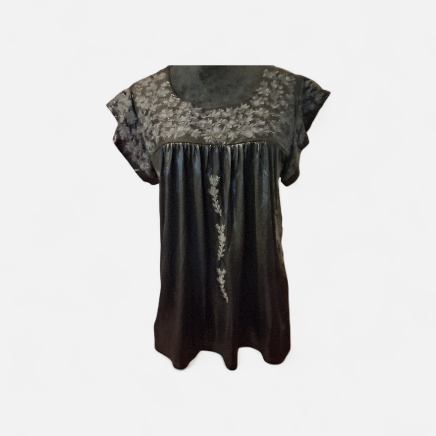 Savanna Jane L Embroidered Black Shiny Flowy Top Whimsigoth Fairy Grunge Boho