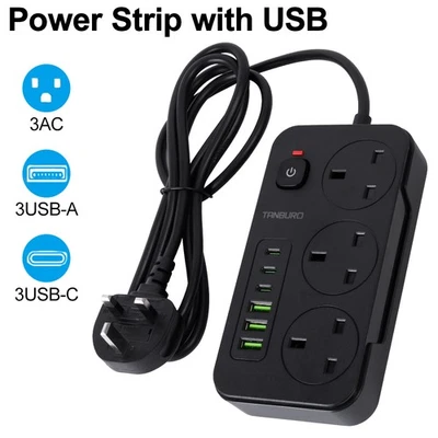 TANBURO Surge Protected Extension Lead With 6 USB USB C 6Gang Way Power Cable UK Plug