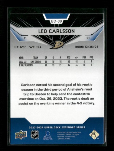 2023-24 Upper Deck #BD-39 Leo Carlsson 2007-08 Black Diamond Retros - Picture 2 of 2