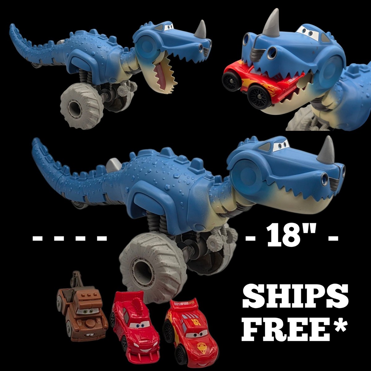 Disney Pixar Cars On The Road Roll-And-Chomp Dino T-Rex + 3 CARS