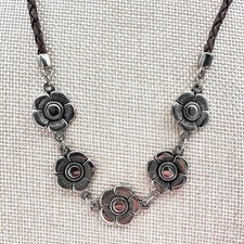 Vintage Y2K Floral Silver Tone Brown Braided Leather Cord Bib Necklace Jewelry