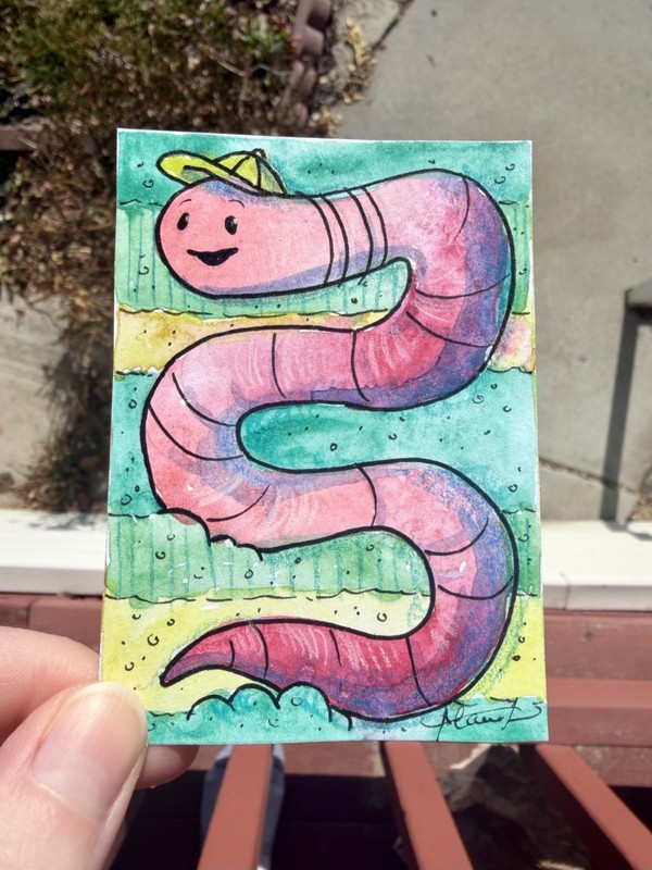 Original ACEO Pink Wormy Pal Painting by Alannah Dyer- Mini Art 2.5x3.5