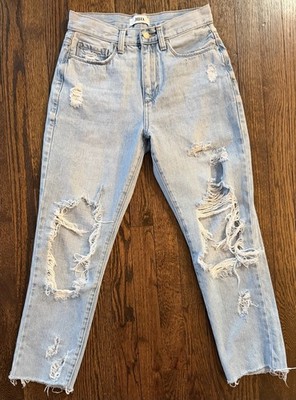 Boutique Distressed Jeans 26 Light Wash Raw Hem Y2K Streetwear Denim Boyfriend