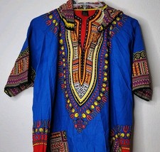 TIA Dashiki Tunic OS/XL Blue African Pullover Short Sleeve Colorful Boho Hippie