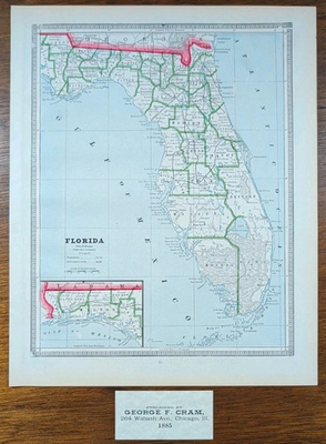 #ad #ad Vintage 1885 FLORIDA Map 11quot;x13quot; Old Antique Original BRONSON MIAMI OCALA TAMPA $36.27