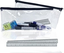 2 PCS Clear Pencil Case Large with 2 PCS 30cm Ruler, 32cm Black Zip Clear See