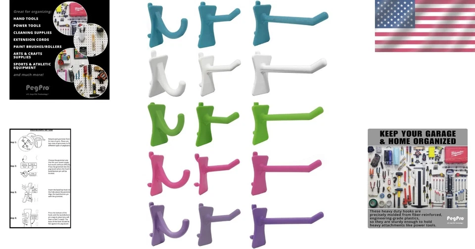 PegPro 72 Pack Confetti Mix Pegboard Hooks - Durable 1" & 2" Adjustable System - Image 2 of 4