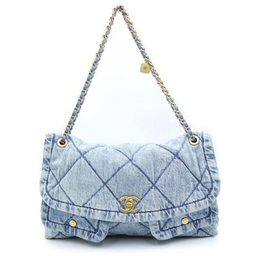 CHANEL Coco Mark Denim Maxi Flap Bag Handbag One Shoulder Blue AS5727 Used cec3d