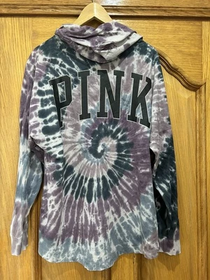 Medium Victoria Secret PINK Varsity long sleeve Oversized Tie Dyed Hoodie Tee - Image 1 of 4