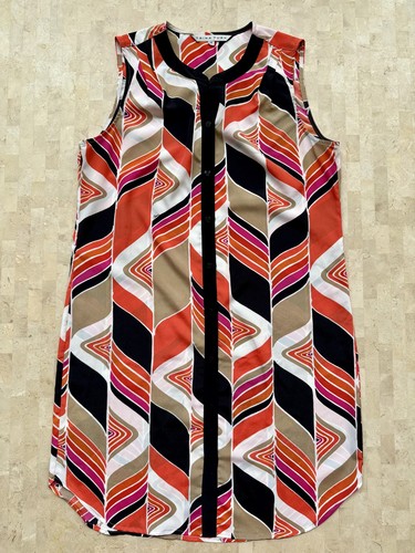 Trina Turk Women's 100% Silk Geometric Shirt Shift Dress Sz 10 Printed Colorful