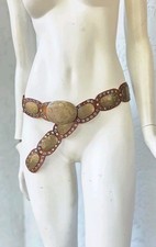 VTG 70s Brown Leather Bohemian Gypsy Brass Hammered Concho Belt Moroccan MEDIUM