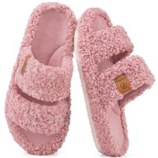EverFoams Womens Fuzzy Open Toe Slippers Comfy Soft Memory Foam Indoor House ...