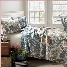 Charming Sydney Floral Quilt Set - 3 Piece Reversible King Bedding, Green Blue