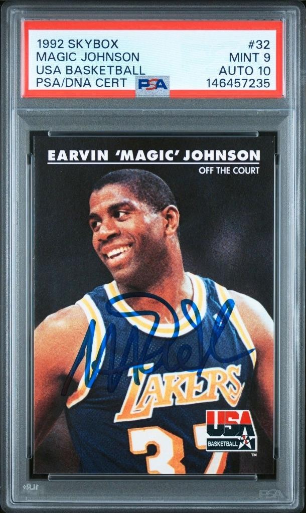 1992 SkyBox USA Dream Team Magic Johnson #32 Auto - PSA / DNA - Mint 9, Auto 10