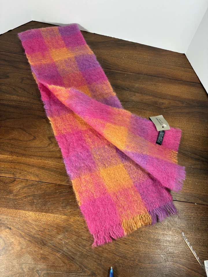Cachecol xadrez vintage Foxford Mohair lã década de 1970 rosa laranja 58”x 8,5” Irlanda - Imagem 2 de 4