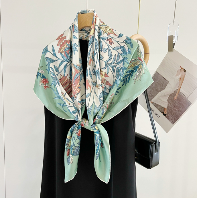 100% Silk Mulberry Square Scarf Green Grass Print Bandana Wrap 110x110cm