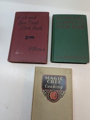 LOT OF 3 Cookbook: Magic Chef Cooking Fish and Sea Food Cookbook Rumford HC VTG