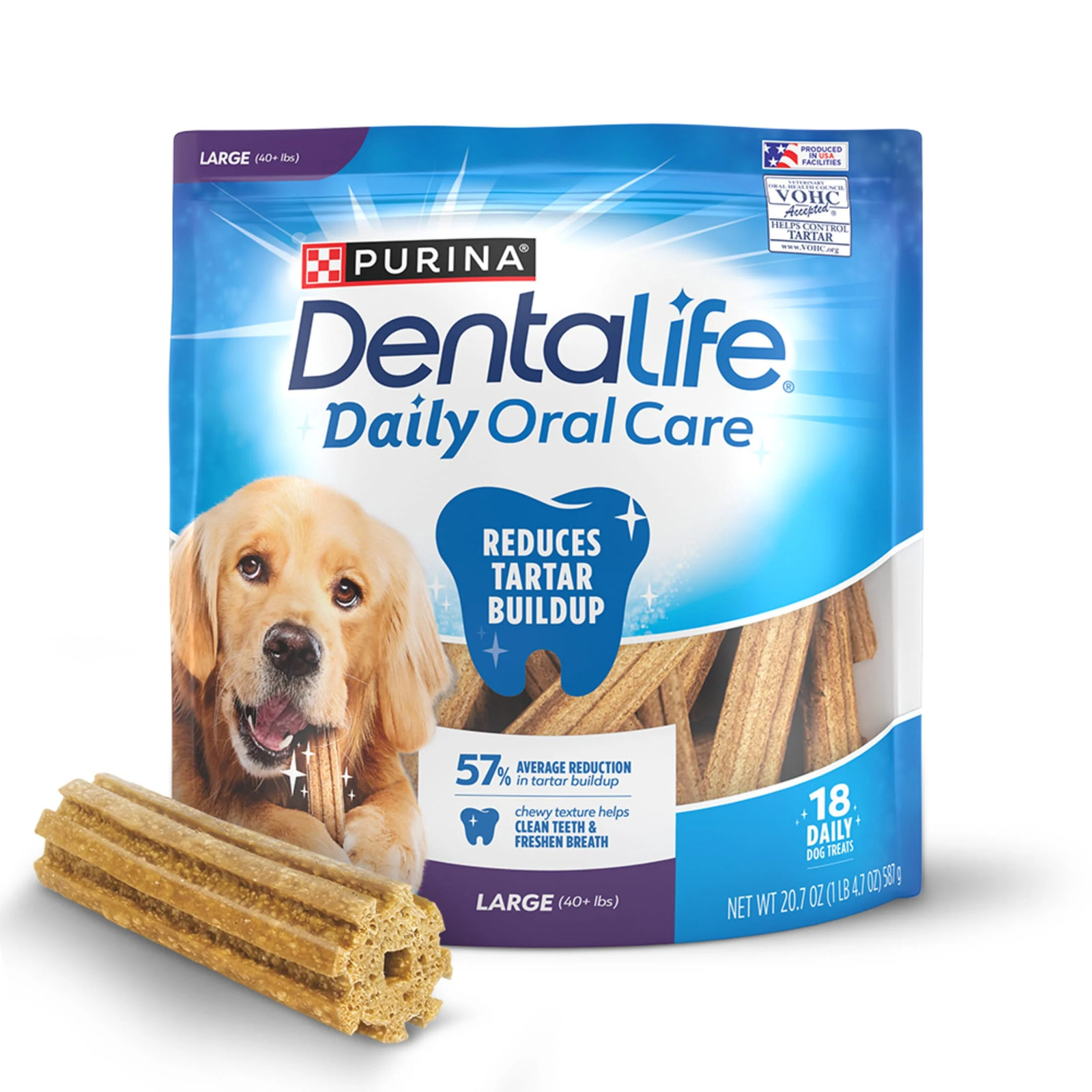 Purina  Daily Oral Care Large Dog Dental Treats with Chicken, 20.7 Oz Pouch (18 