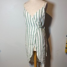 Reformation 100% linen Asymmetrical wrap Dress in Green and White Stripes