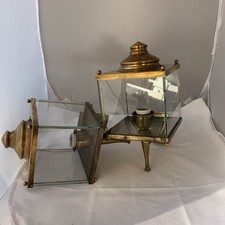 Coppia Di Lampade Antiche Da Carrozza Restaurate Ottone Cubo Vetri