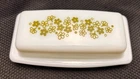 Vintage Crazy Daisy Spring Blossom Pyrex Milk Glass Butter Dish Green Flowers