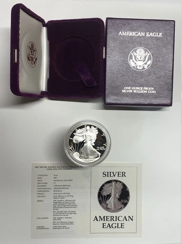 1987-S American Silver Eagle Proof Coin in box w/COA; Cracked Plastic Case