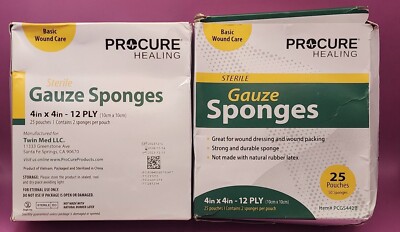 2 Boxes - PROCURE Gauze Sponges - 4'' X 4'' - 12 Ply - 25 Pouches Each Box