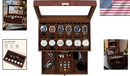 Elegant 12-Slot Watch Box with Glass Lid - Faux Leather Organizer for Men - Picture 2 of 9