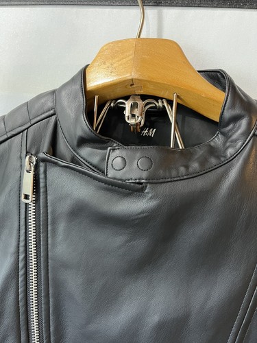 H&M Unisex Large Black Jacket Zipper Vegan Leather Coat - Picture 5 of 9